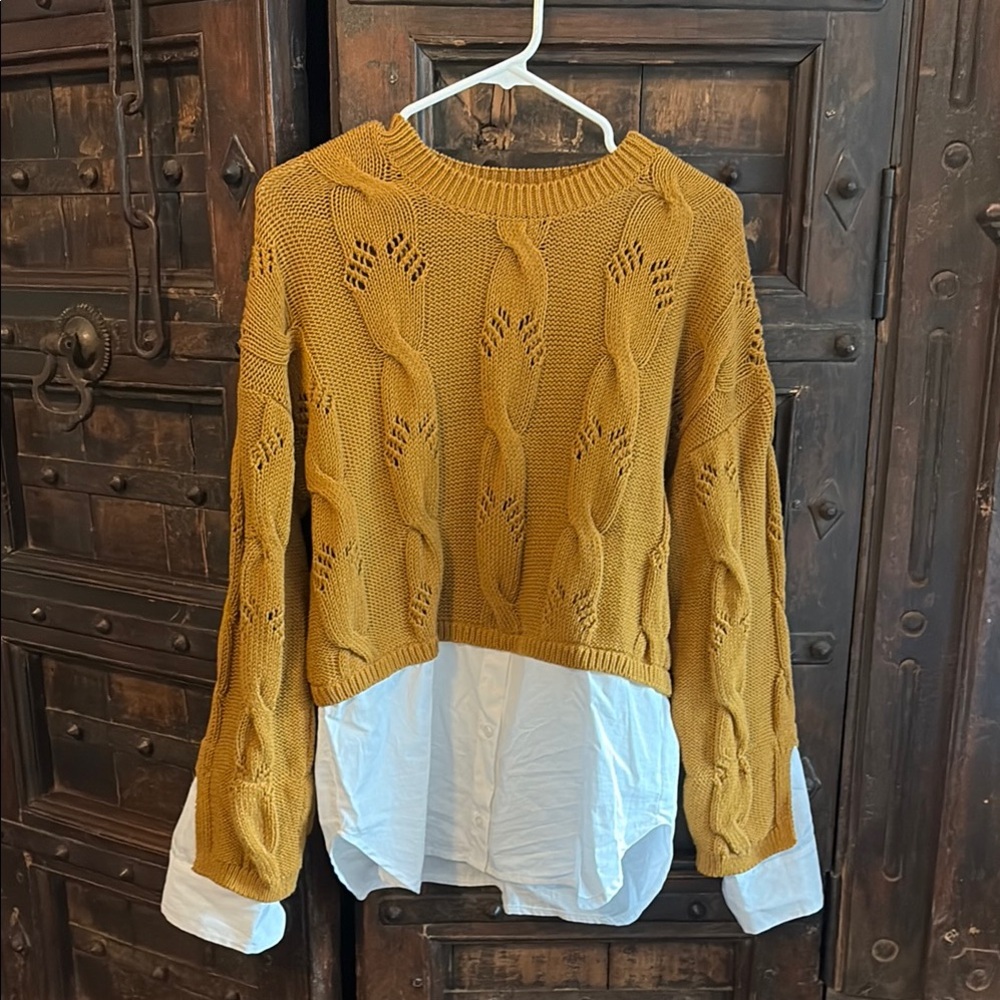 Cable Knit Mustard Sweater with White Hem built in white shirt